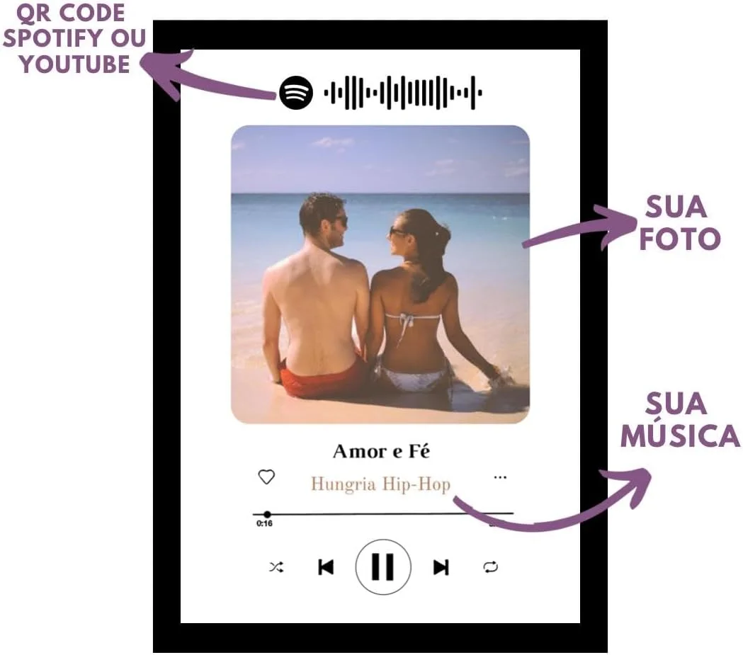 Quadro personalizado com sua foto e música modelo spotify
