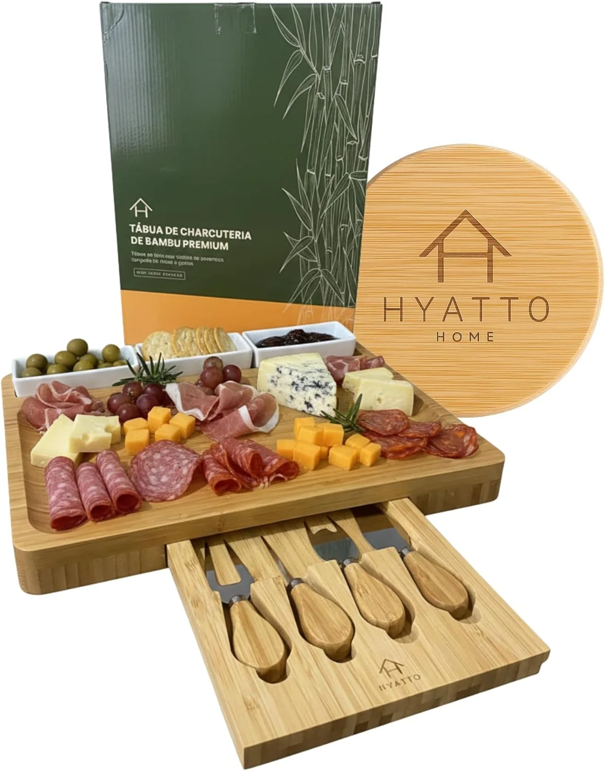 Tábua de Frios e Queijos com 3 Tigelas de Cerâmica e Kit 4 Facas